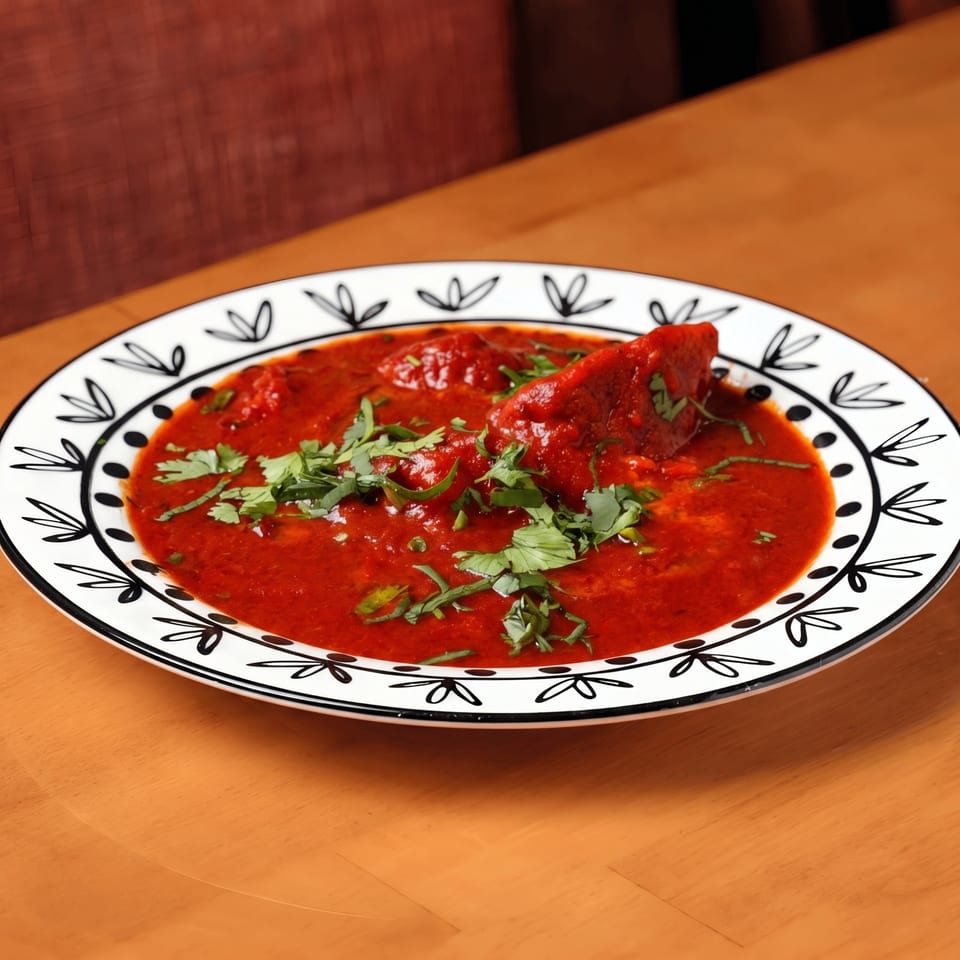 Chicken tikka masala with cilantro in a decorative white and black bowl on a wooden table.