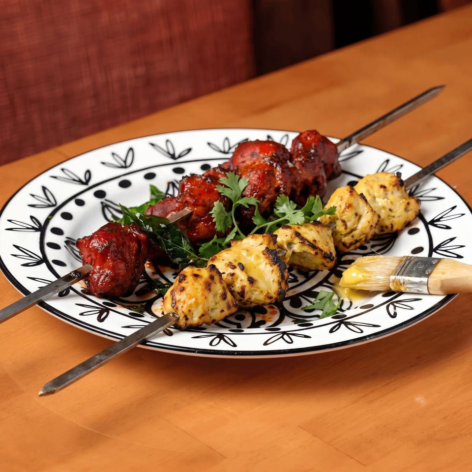 Two skewers of chicken tikka, one red and one yellow, on a decorative plate with a basting brush.