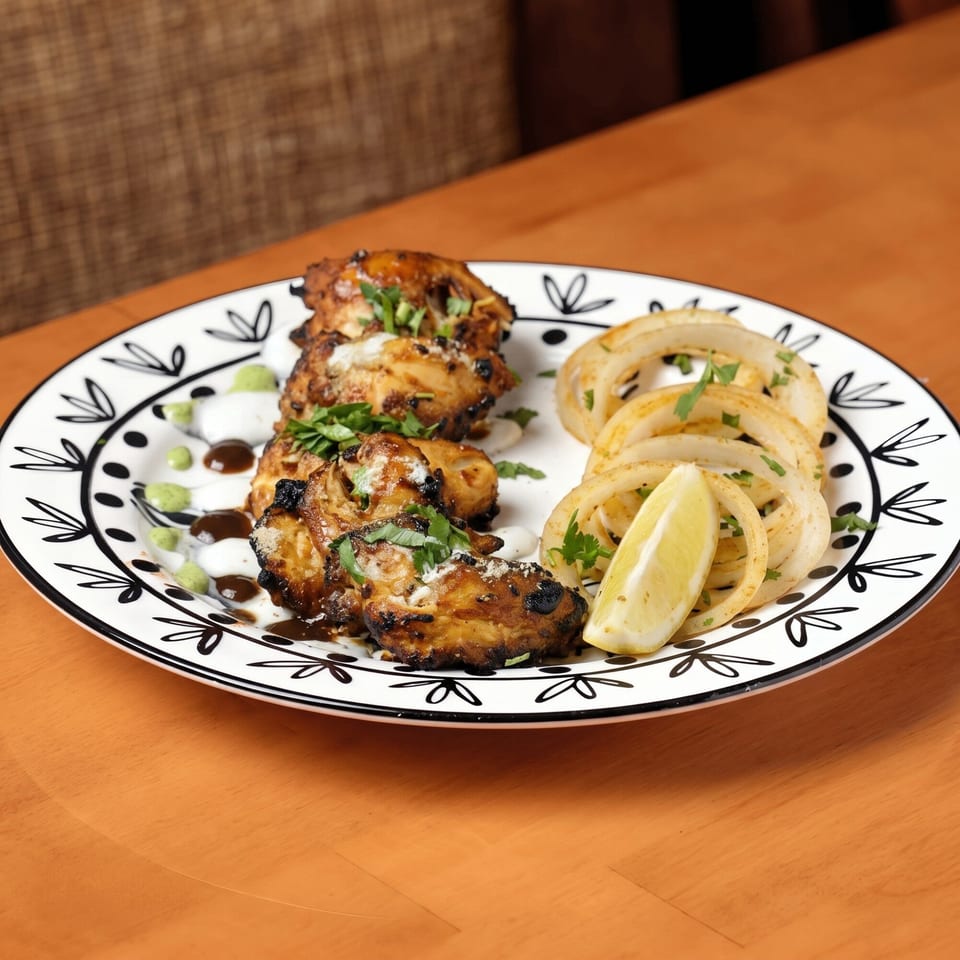 Grilled chicken pieces with sauces, onion rings, and a lemon wedge on a decorative plate.