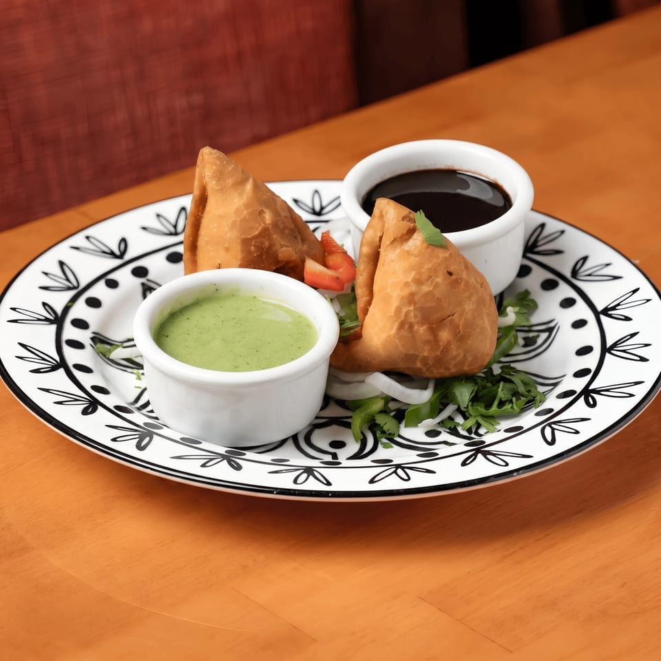 Two golden-brown samosas with green and dark chutneys on a decorative white plate.