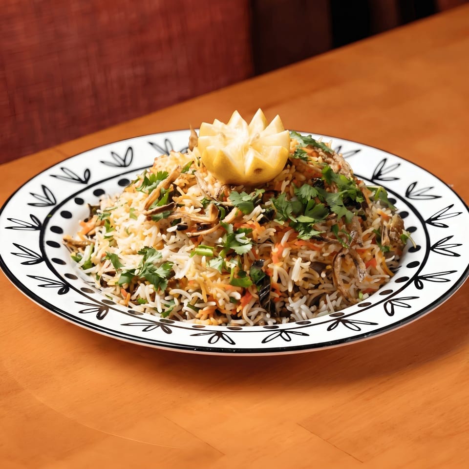 A colorful rice dish with herbs and a carved lemon on a decorative plate.