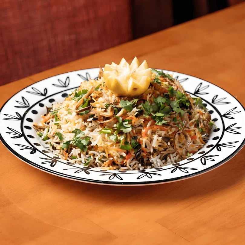 A colorful rice dish with herbs and a carved lemon on a decorative plate.