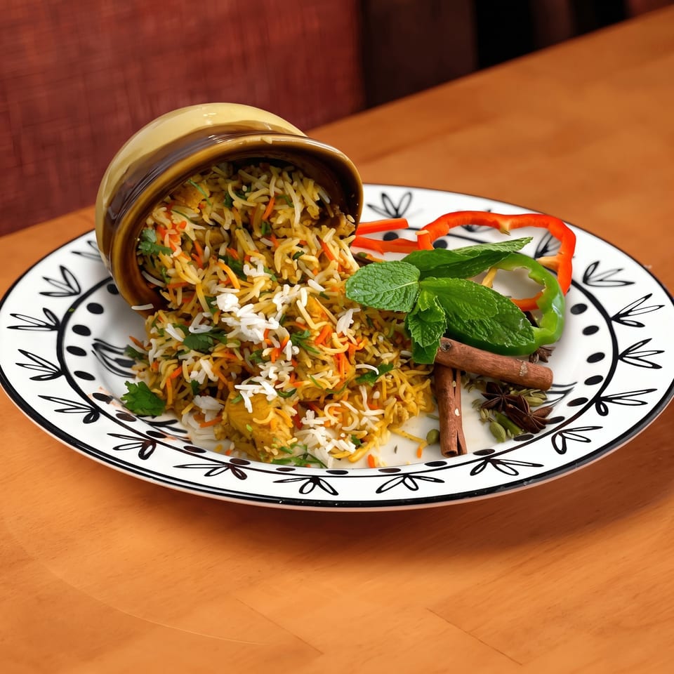 Biryani spilling from a clay pot onto a decorative plate with mint, bell peppers, and spices.